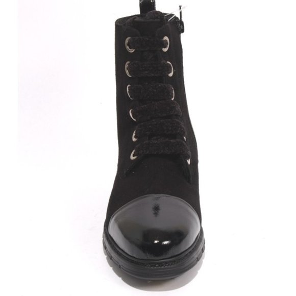 ITALIAN Black Suede Patent Leather Fur Ankle Boots - Picture 8 of 9